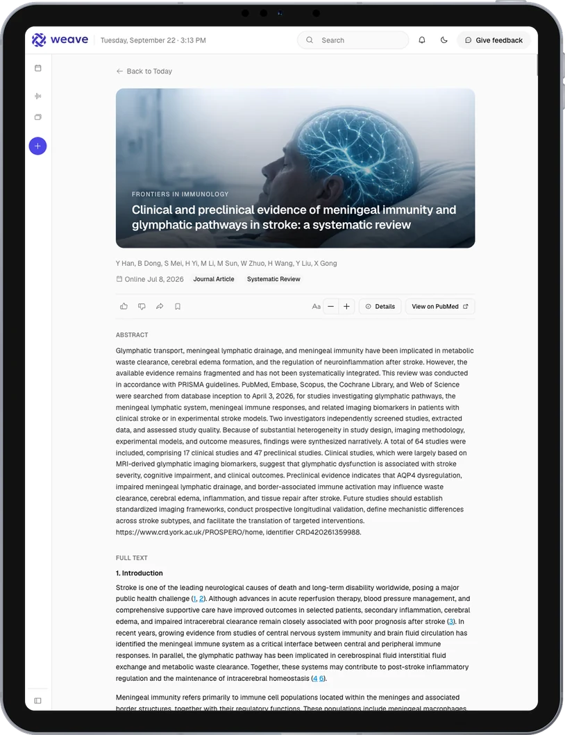 Weave Stream on a tablet held upright: a systematic review on meningeal immunity and glymphatic pathways in stroke, open in the reader with its abstract and the start of its full text