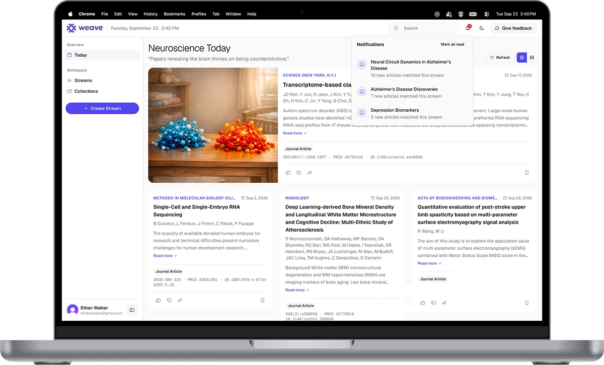 Weave Stream in a browser on a laptop: the Neuroscience Today feed of newly published papers, with the notifications panel open listing how many new articles matched each of the reader's streams